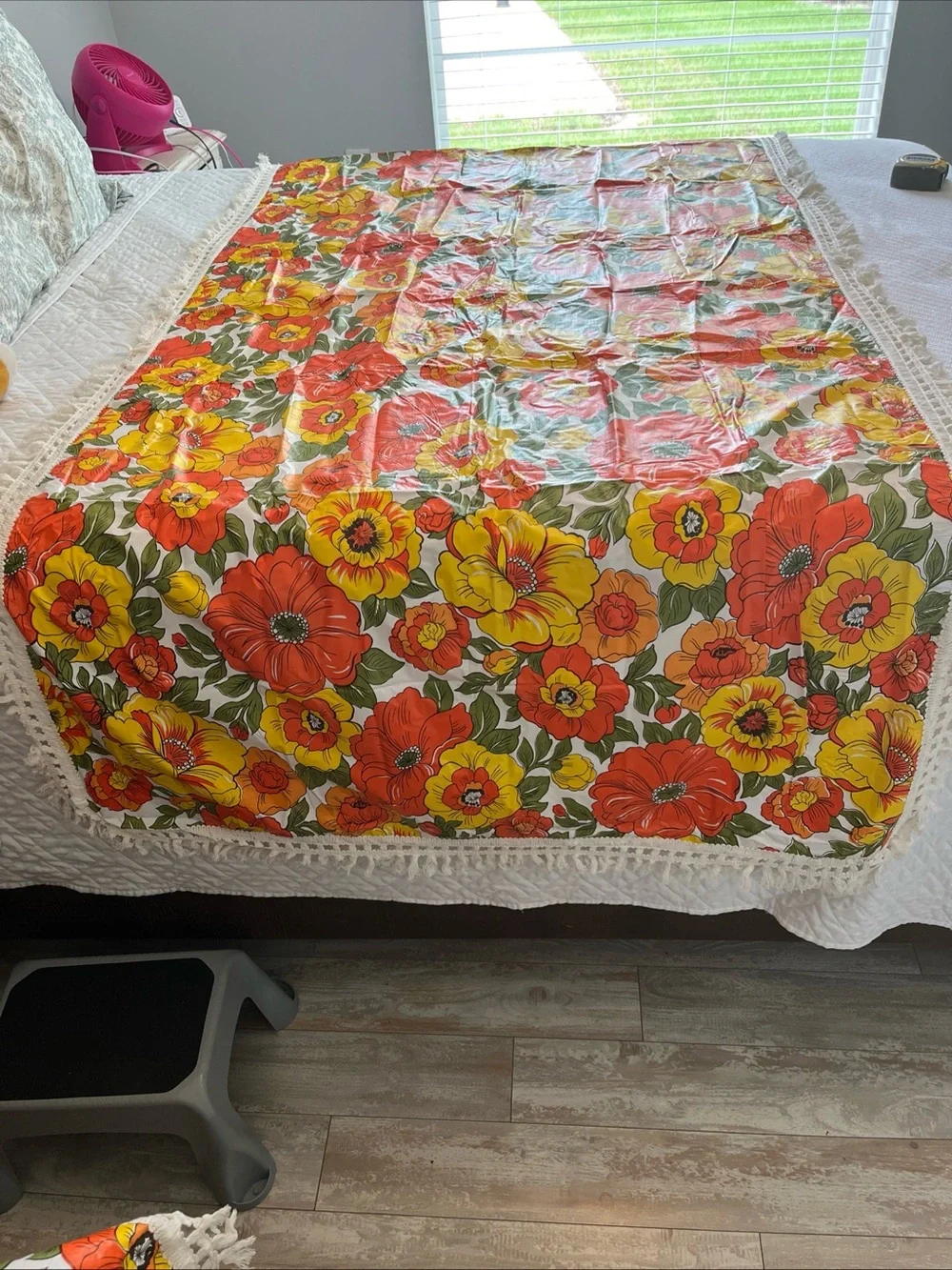 Vintage MCM Floral Orange & Yellow Tablecloth with Fringe 83x43